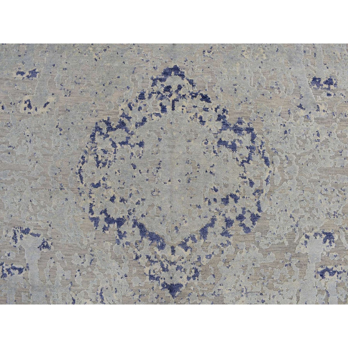 8'8"X12'1" Blue Broken Medallion Design Silk With Wool Hand Knotted Rug