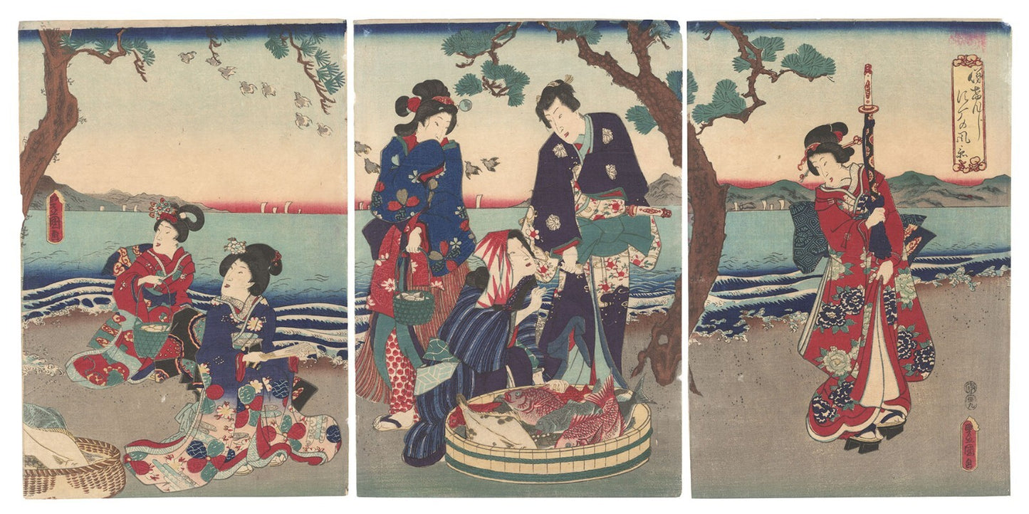 Toyokuni III woodblock triptych Kenji Tono Edo Landscape Geisha women kimonos