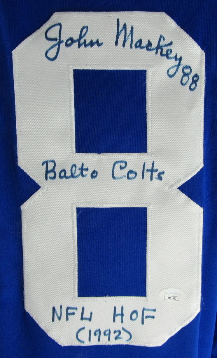 John Mackey Hof Signed/Inscr Baltimore Colts Blue Football Jersey Jsa 161110