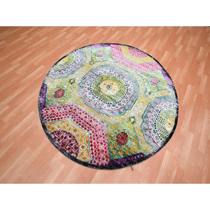 6'1"X6'1" Yellow Hand Knotted Mamluk Design Silk-Wool Round Oriental Rug