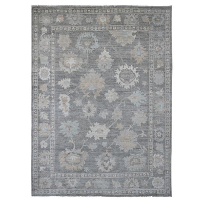 8'10"X11'10" Gray Afghan Angora Oushak Leaf Pattern Hand Knotted Wool Rug
