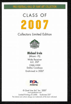 Michael Irvin Hof Signed 2007 Goal Line Art Glac Postcard Cowboys Psa 194726