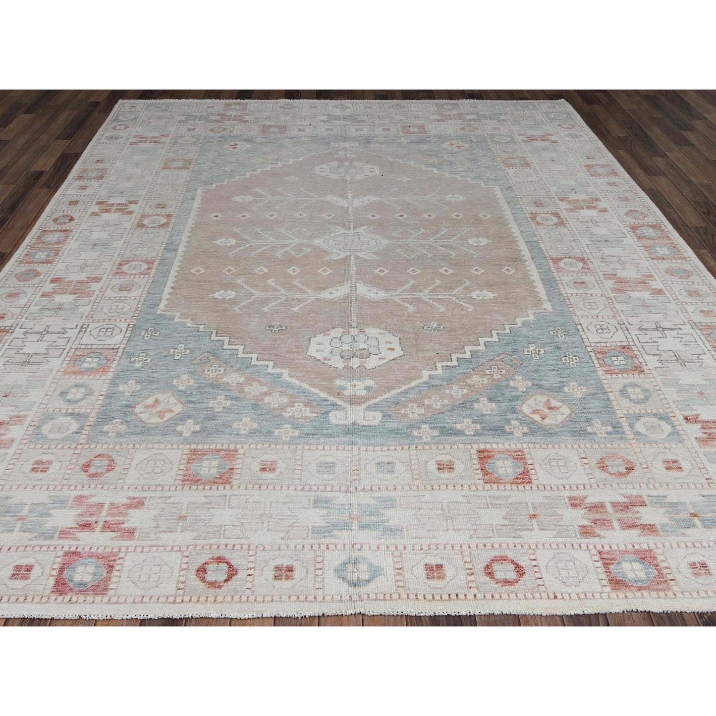 8'10"x10'10" Coral Pink Hand Knotted Anatolian Village Design Pure Wool Rug