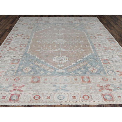 8'10"x10'10" Coral Pink Hand Knotted Anatolian Village Design Pure Wool Rug