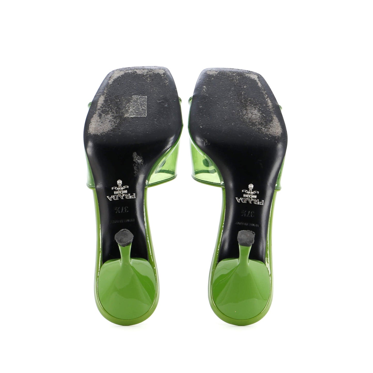 Prada Women'S Triangle Logo Kitten Heeled Sandals Pvc With Patent