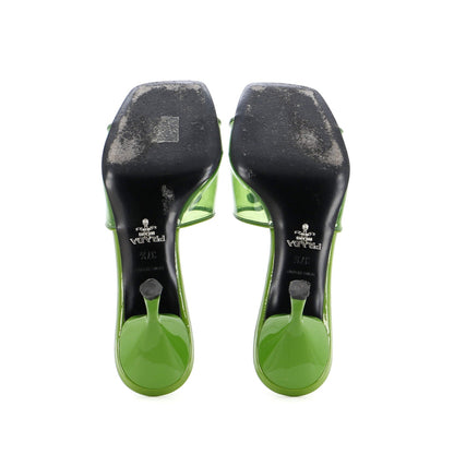 Prada Women'S Triangle Logo Kitten Heeled Sandals Pvc With Patent