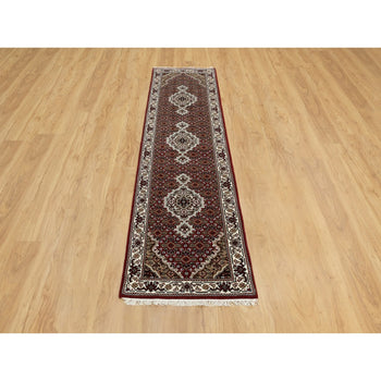 2'X8' Red Hand Knotted Fish Design Tebraz Mahi Wool And Silk Runner Rug