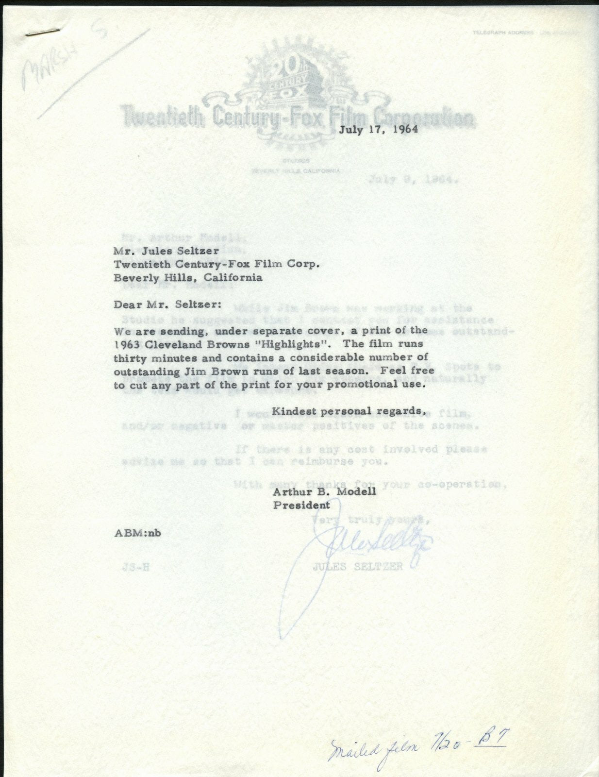 July 1964 Letters(2)To And From Art Modell To 20Th Century Fox  144993