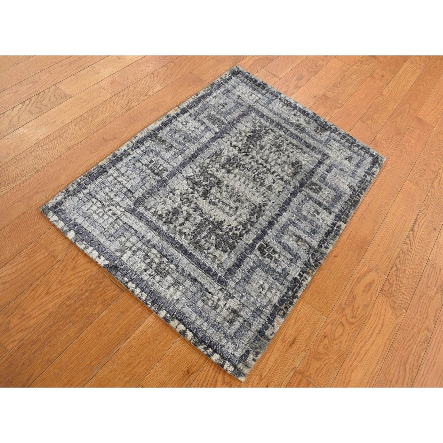 2'3"X3'2" Gray Silken Roman Mosaic Design Hand Knotted Sample Rug