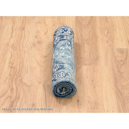 2'X3'1" Blue Heris Erased Design Wool And Silk Hand Knotted Mat Rug