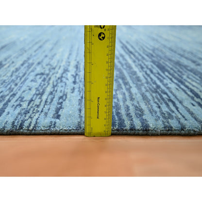9'X12'3" Cerulean Blue Pure Wool Horizontal Ombre Design Hand Knotted Rug