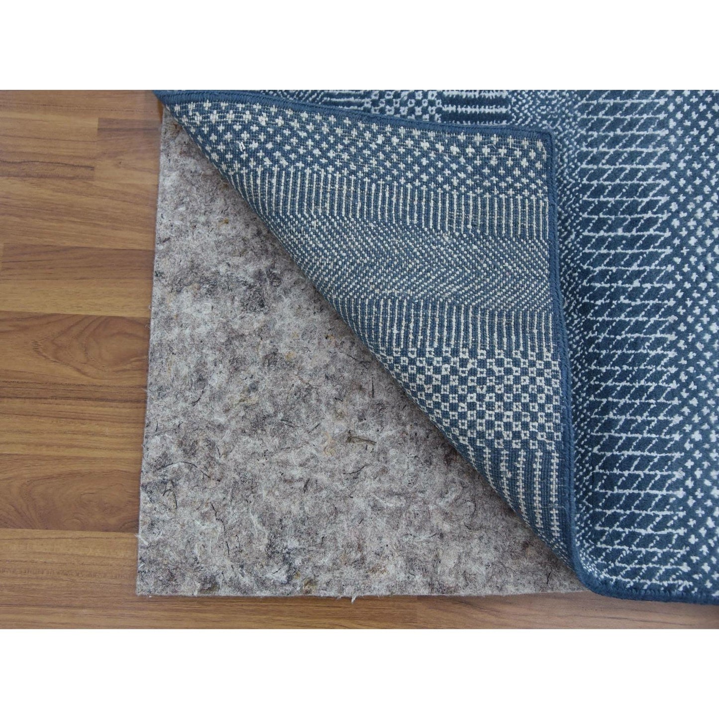 2'9"X11'4" Blue Modern Grass Design Wool And Silk Hand Knotted Runner Rug