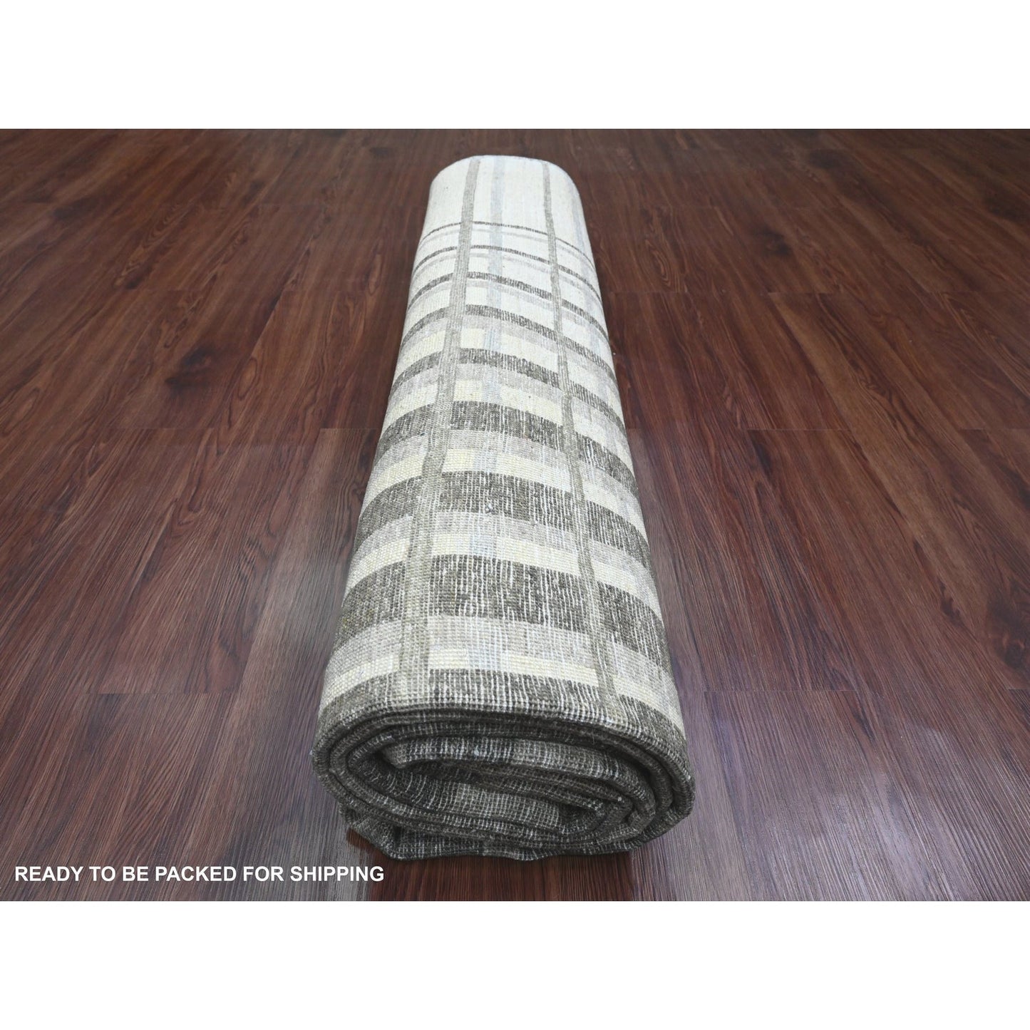 8'X9'9" Brown Bauhaus Inspired Line Design Hand Knotted Soft Wool Rug