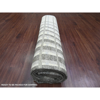 8'X9'9" Brown Bauhaus Inspired Line Design Hand Knotted Soft Wool Rug