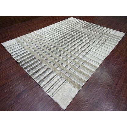 8'8"X11'8" Brown Bauhaus Inspired Line Design Hand Knotted Pure Wool Rug