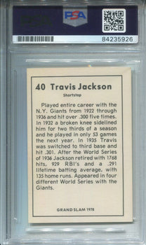 Travis Jackson N.Y Giants Grand Slam 1978 Autographed Card (Psa)