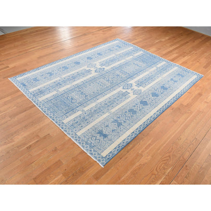 7'10"X9'8" Medium Sapphire Blue Pure Woolfine Peshawar Hand Knotted Rug