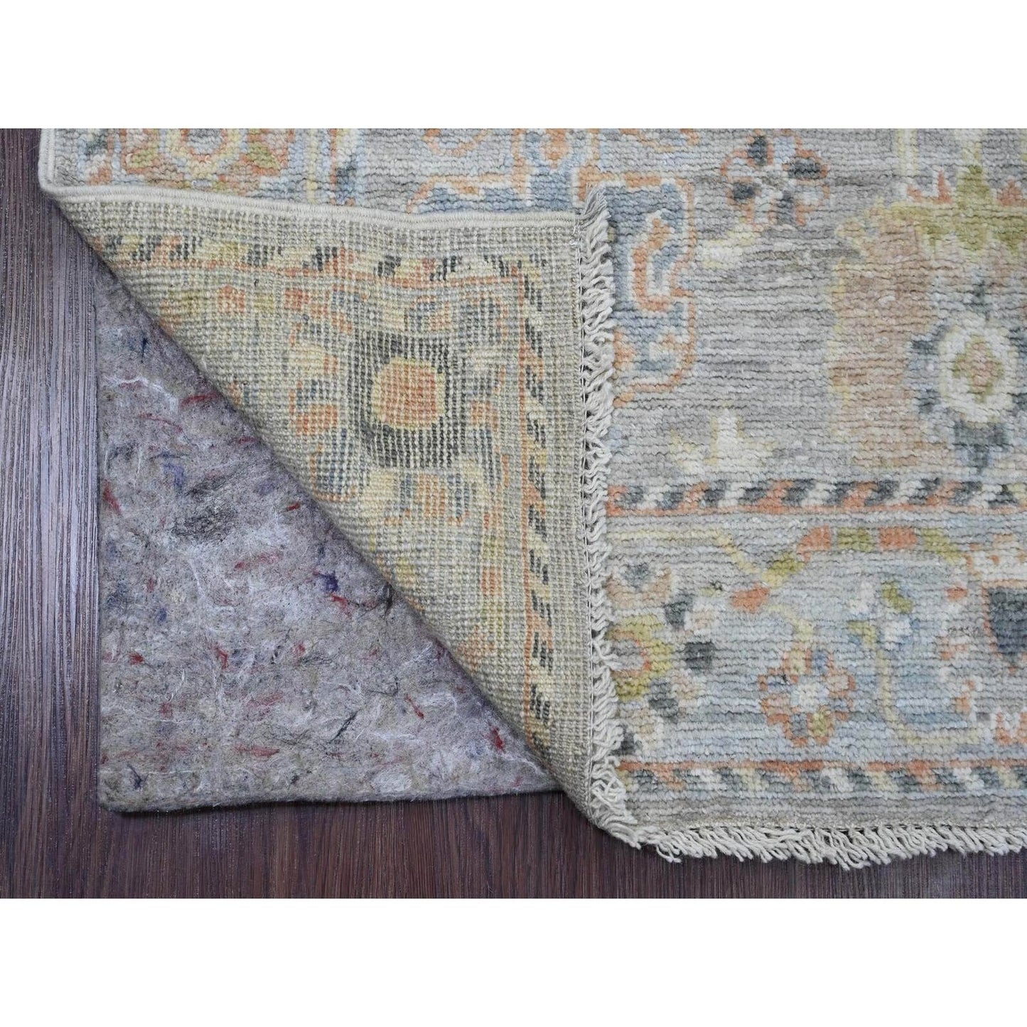 4'X11'4" Gray Hand Knotted Angora Oushak Floral Design Wool Runner Rug
