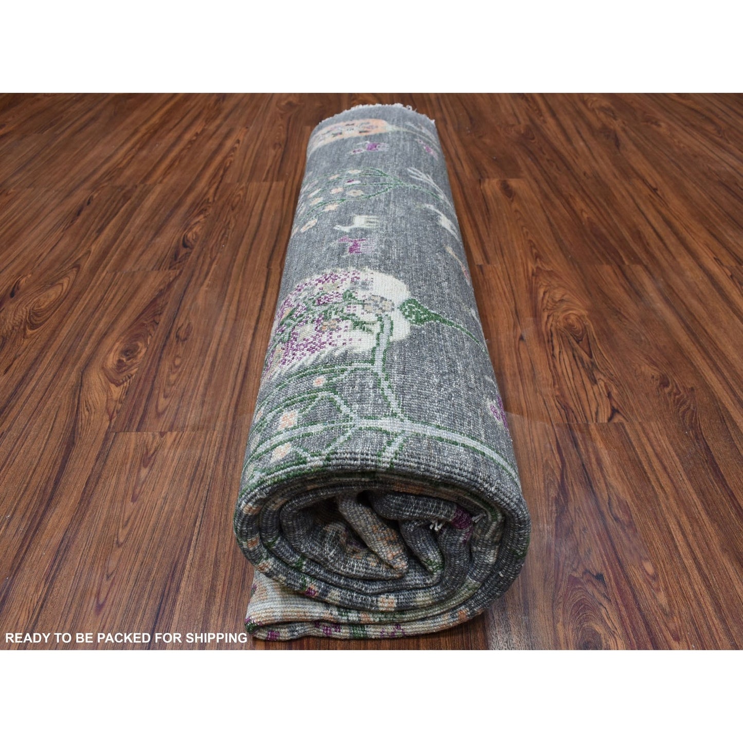 8'2"X8'2" Round Folk Art Willow And Cypress Tree Design Hand Knotted Rug