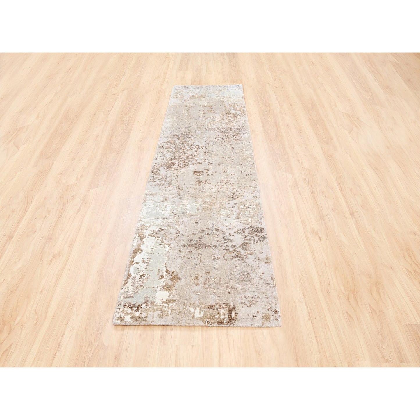 2'9"X10' Beige With Brown Modern Wool-Silk Hand Knotted Runner Rug