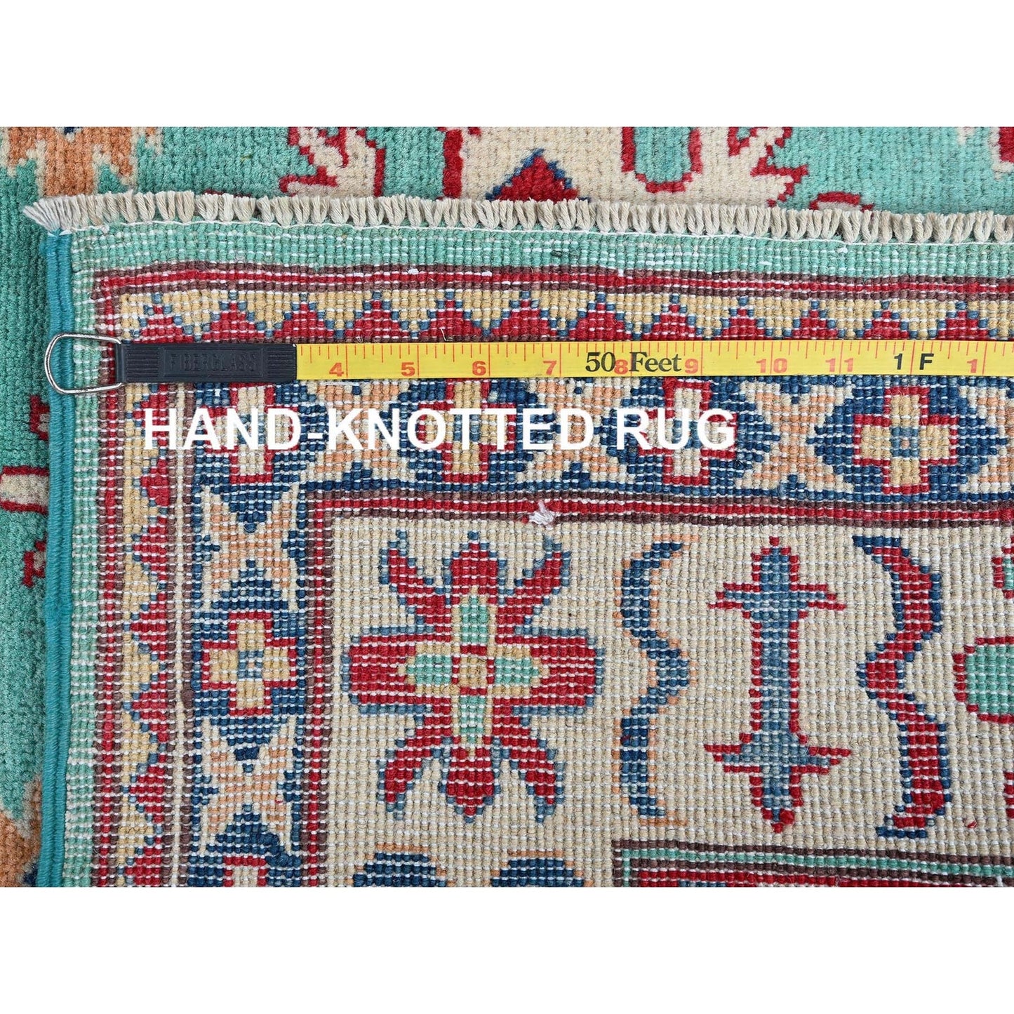 4'X5'10" Green Kazak With Tribal Medallions Design Wool Hand Knotted Rug