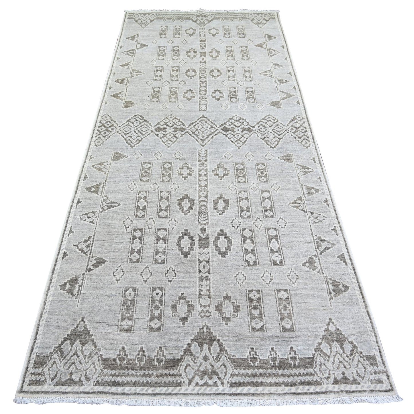 4'X9'1" Dim Gray Fine Peshawar Wool Hand Knotted Runner Oriental Rug