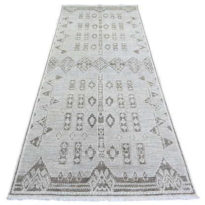 4'X9'1" Dim Gray Fine Peshawar Wool Hand Knotted Runner Oriental Rug