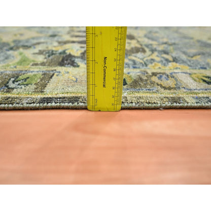 2'7"X12'3" Green Erased Birds Design Pure Wool Hand Knotted Runner Rug