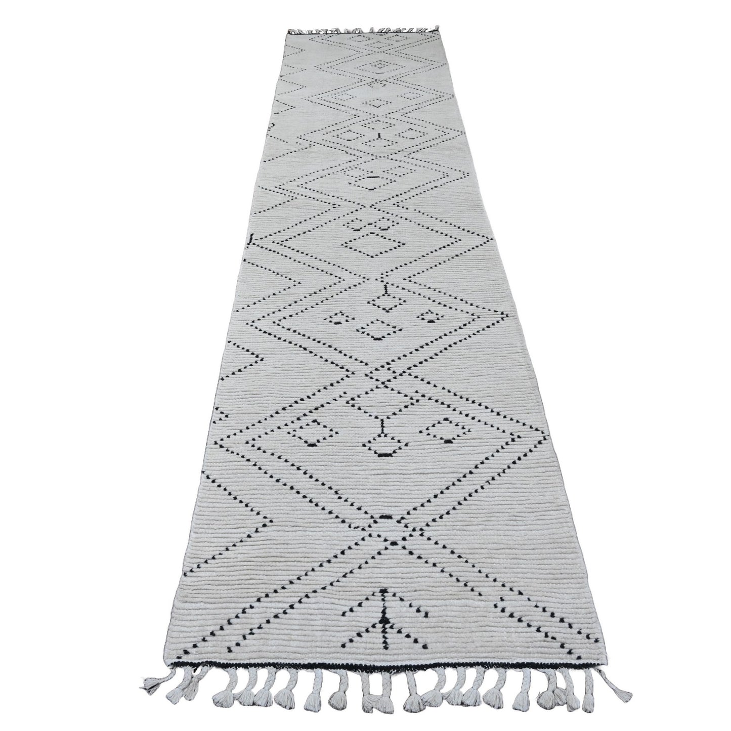 3'X12'8" White Geometric Moroccan Weave Soft Wool Hand Knotted Runner Rug