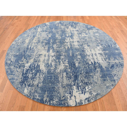 8'1"X8'1" Blue Abstract Design Wool And Pure Silk Hand Knotted Round Rug