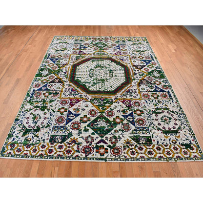9'X12'1" Ivory Sari Silk Colorful Mamluk Design Hand Knotted Rug