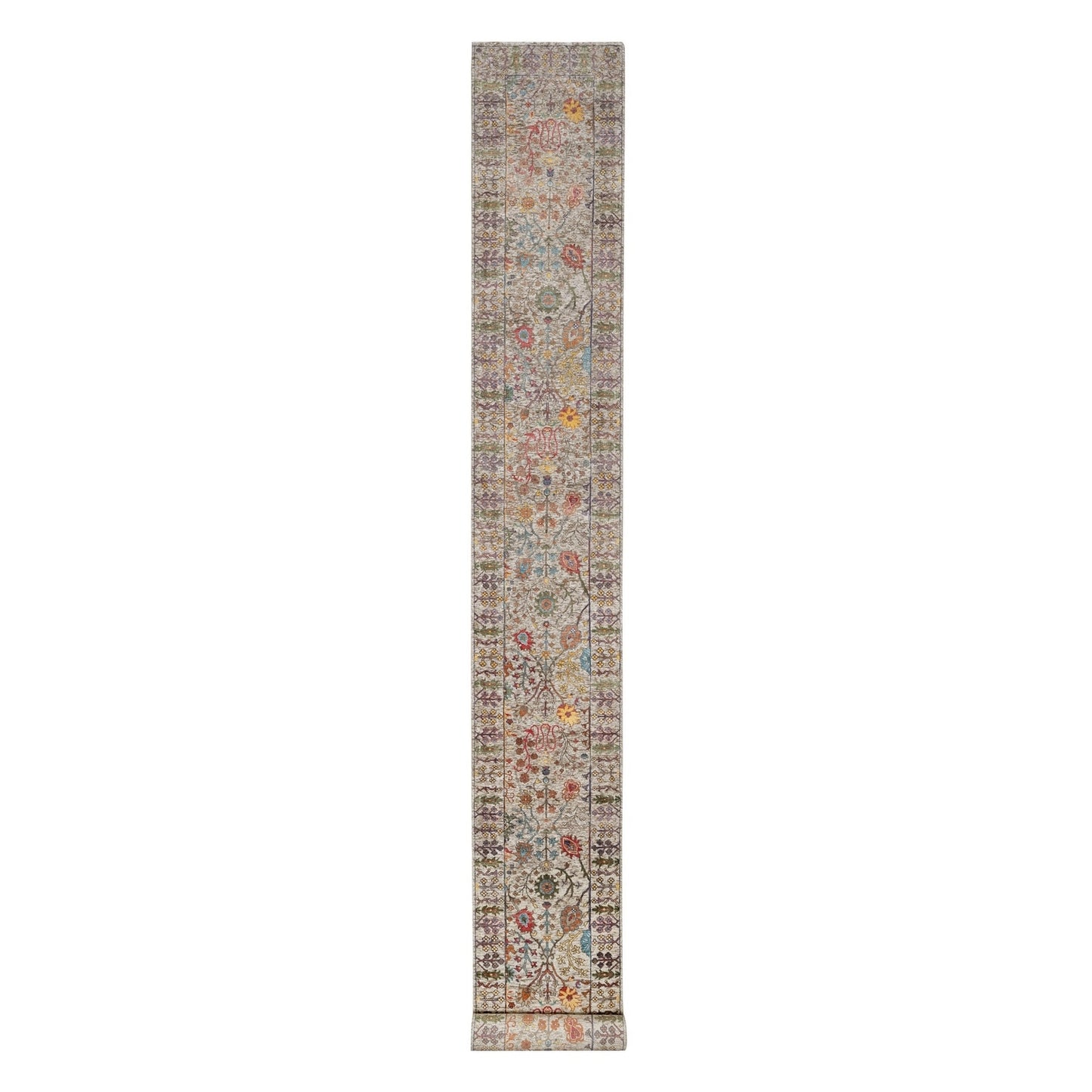 2'7"x22' White Directional Vase Hand Knotted Silk With Wool XL Runner Rug