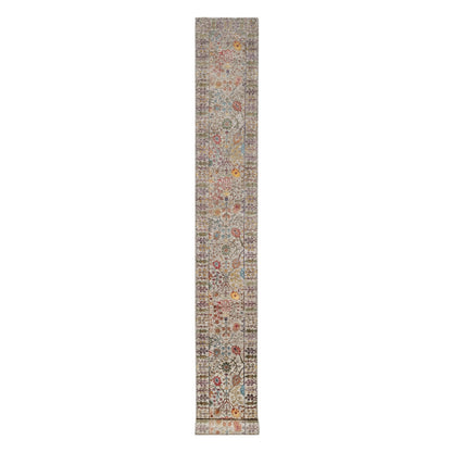 2'7"x22' White Directional Vase Hand Knotted Silk With Wool XL Runner Rug