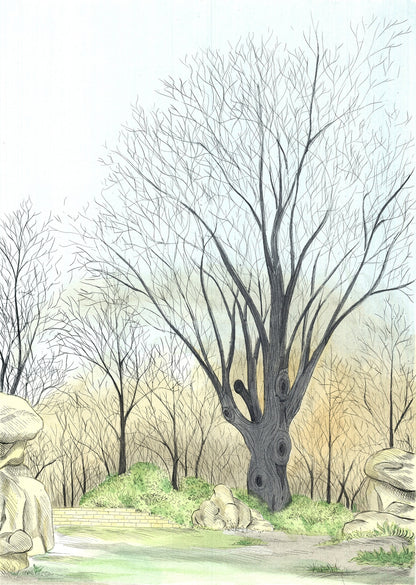 Borris Saillart Barren Tree Signed " Lithograph Realism Pastel