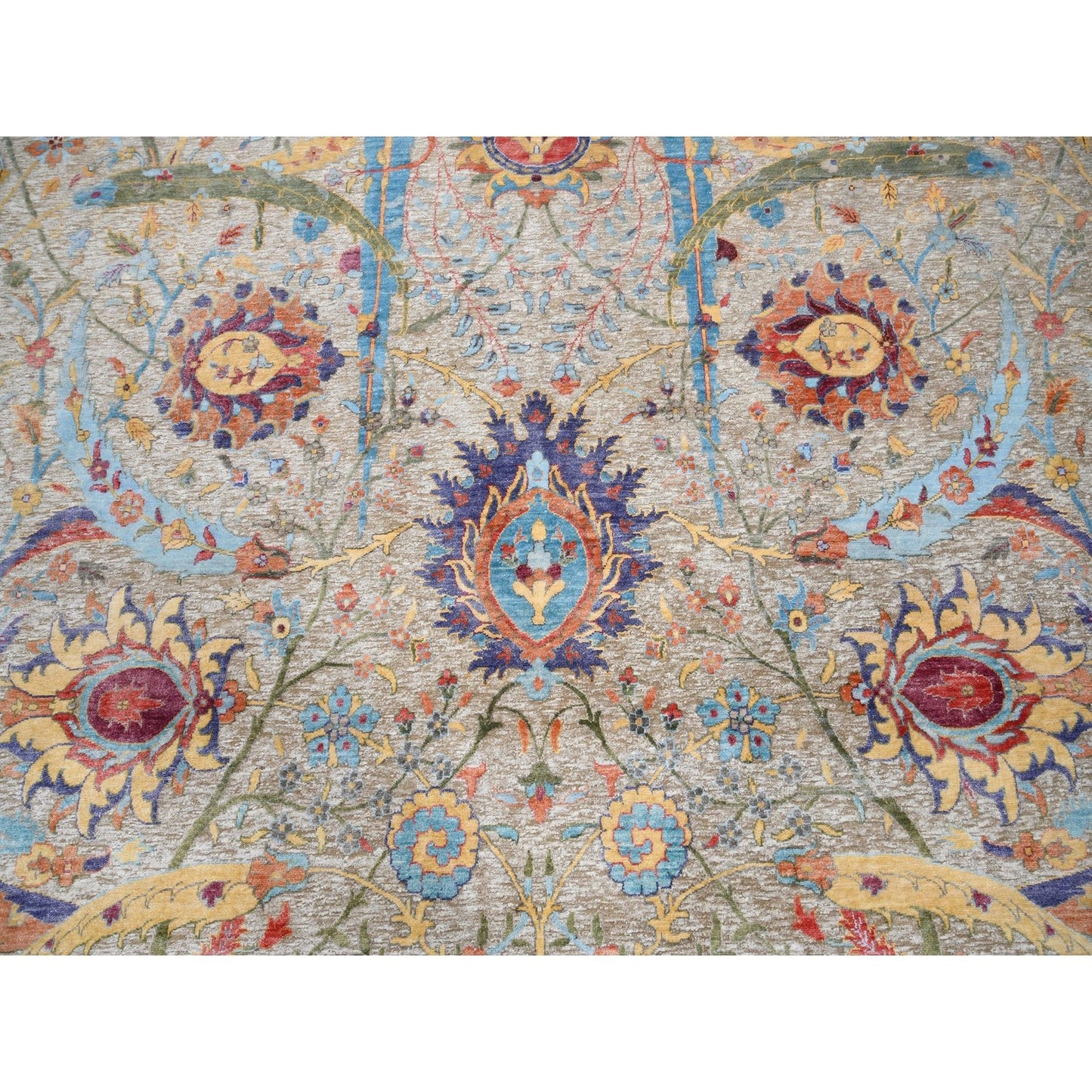 9'1"X12'4" Silk With Wool Hand Knotted Tan Sickle Leaf Design Rug
