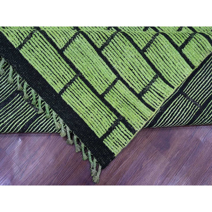 8'2"X10'6" Green Hand Knotted Moroccan Weave Brick Design Pure Wool Rug