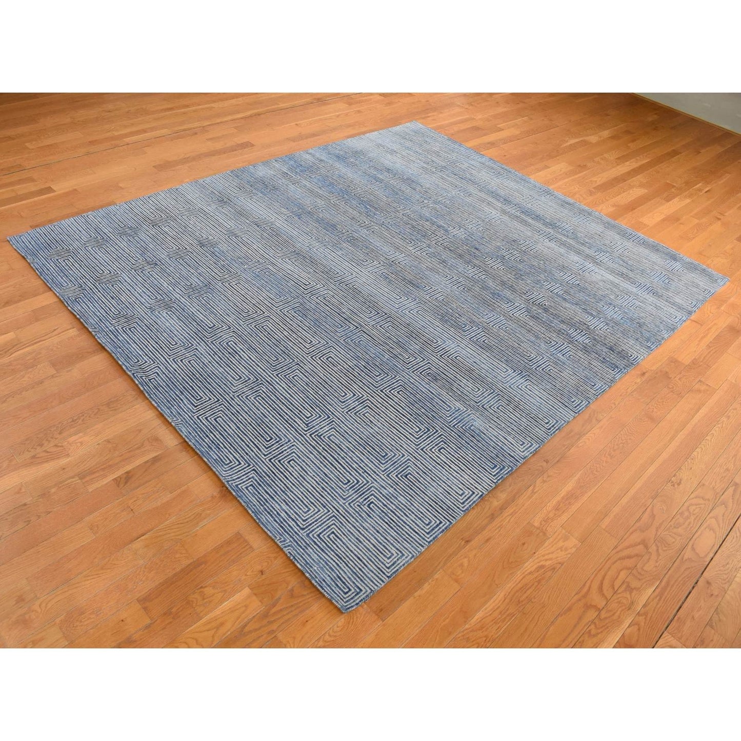 8'X10' Blue Silk With Wool Maze Design Hand Knotted Oriental Rug