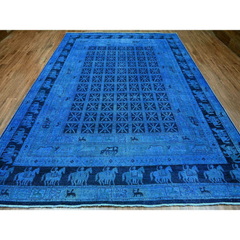 9'X12' Blue Overdyed Peshawar Pazyryk Design Pure Wool Hand Knotted Rug
