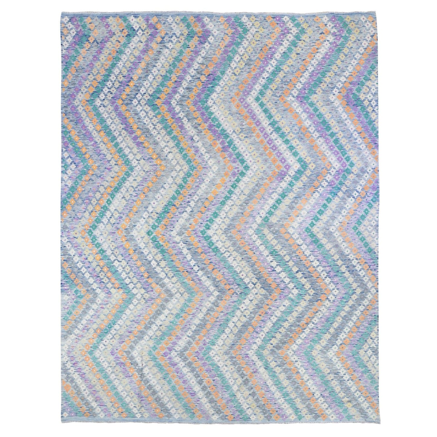 10'3"X13'2" Blue Afghan Kilim Flat Weave Pure Wool Hand Knotted Rug