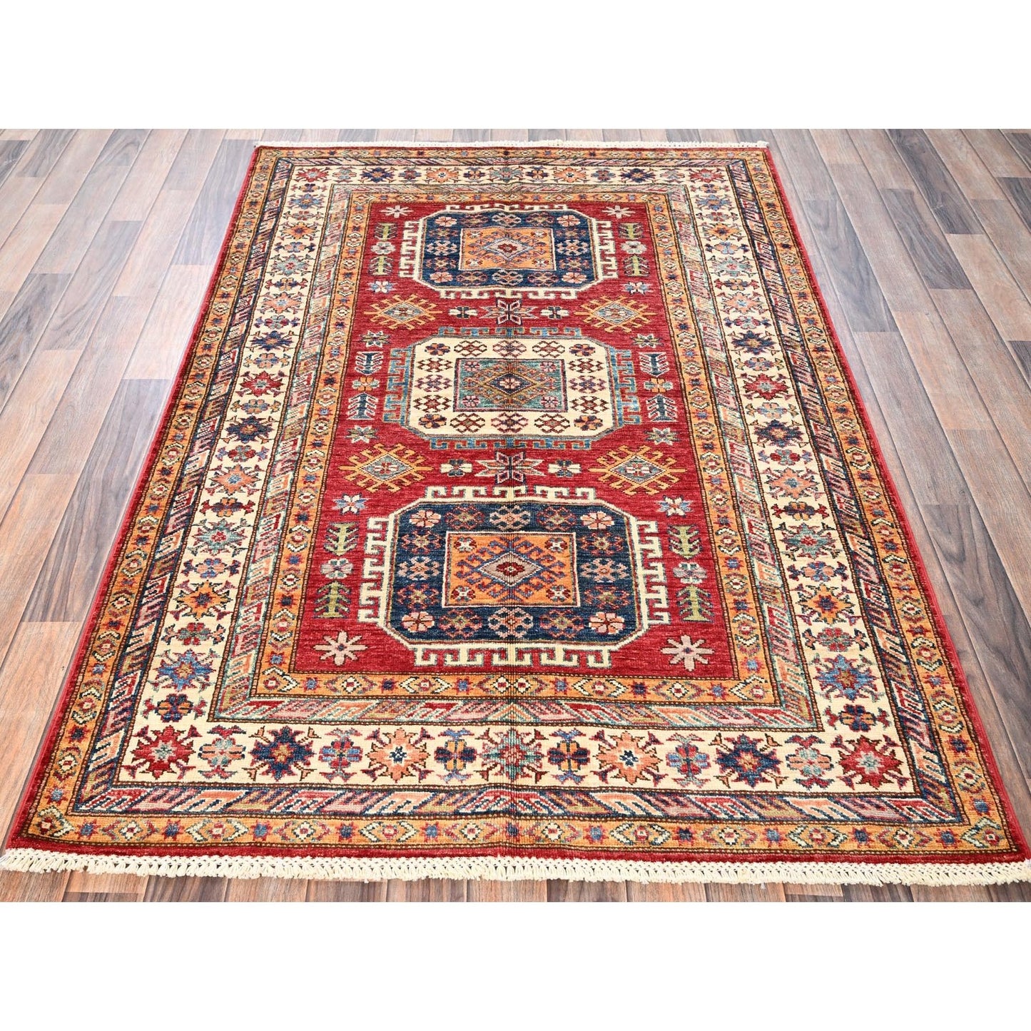 4'2"X6'2" Berry Red Afghan Super Kazak Hand Knotted Pure Wool Oriental Rug