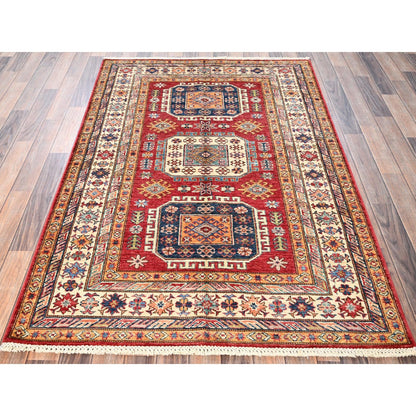 4'2"X6'2" Berry Red Afghan Super Kazak Hand Knotted Pure Wool Oriental Rug