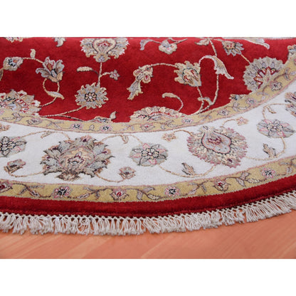 8'X8' Red Dahlia Wool And Silk Hand Knotted Rajasthan Design Round Rug