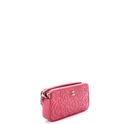 Chanel Double Zip Clutch With Chain Camellia Lambskin