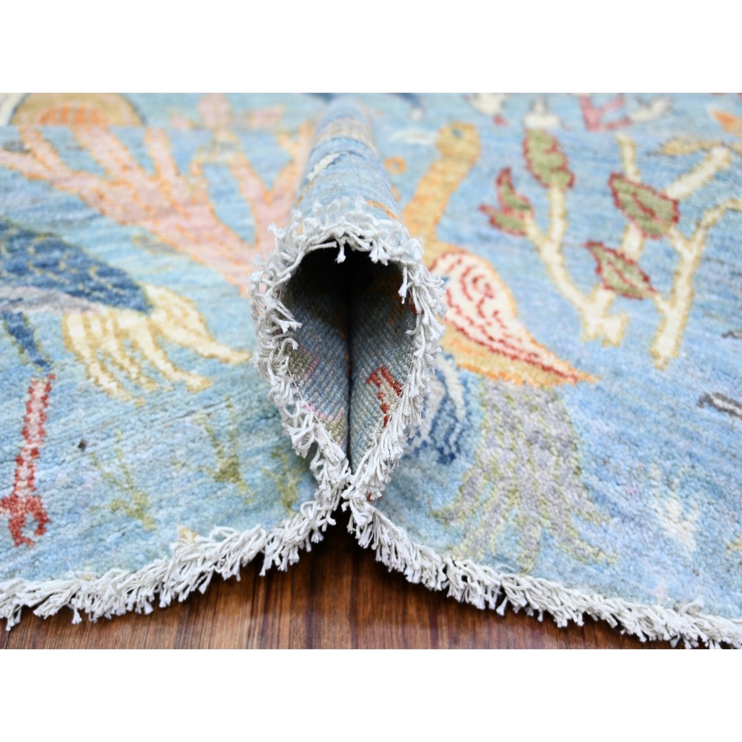 8'3"X8'3" Blue Afghan Peshawar Organic Wool Hand Knotted Round Rug