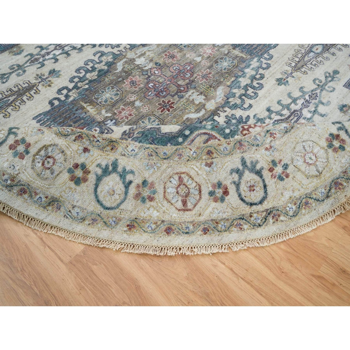 9'9"X9'9" Ivory Hand Knotted Reimagined Viss Design Round Oriental Rug