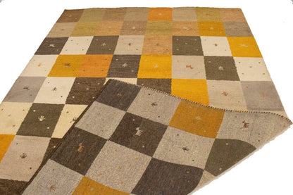 Modern Gabbeh Rug Multicolored Tribal Checker