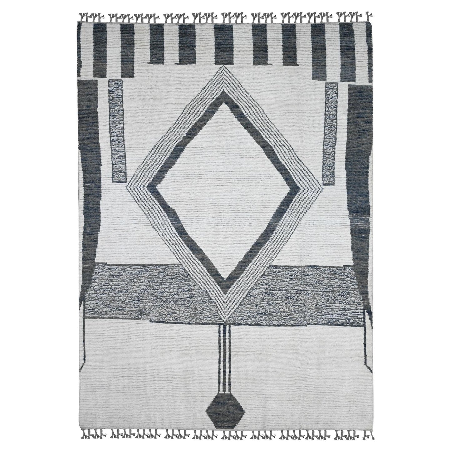 6'1"X9'1" White Moroccan Weave Geometric Pattern Hand Knotted Wool Rug