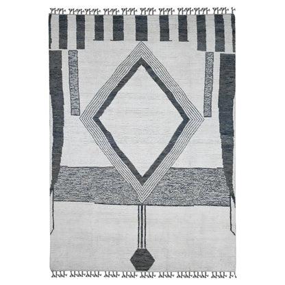6'1"X9'1" White Moroccan Weave Geometric Pattern Hand Knotted Wool Rug