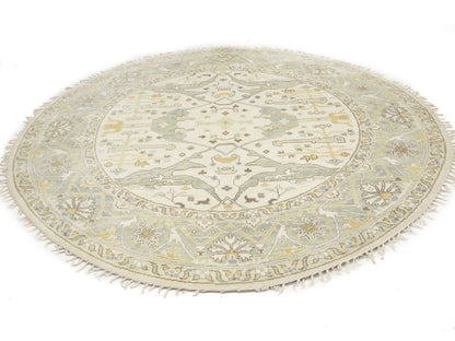 Hand-Knotted Cream Oushak Floral Round Rug