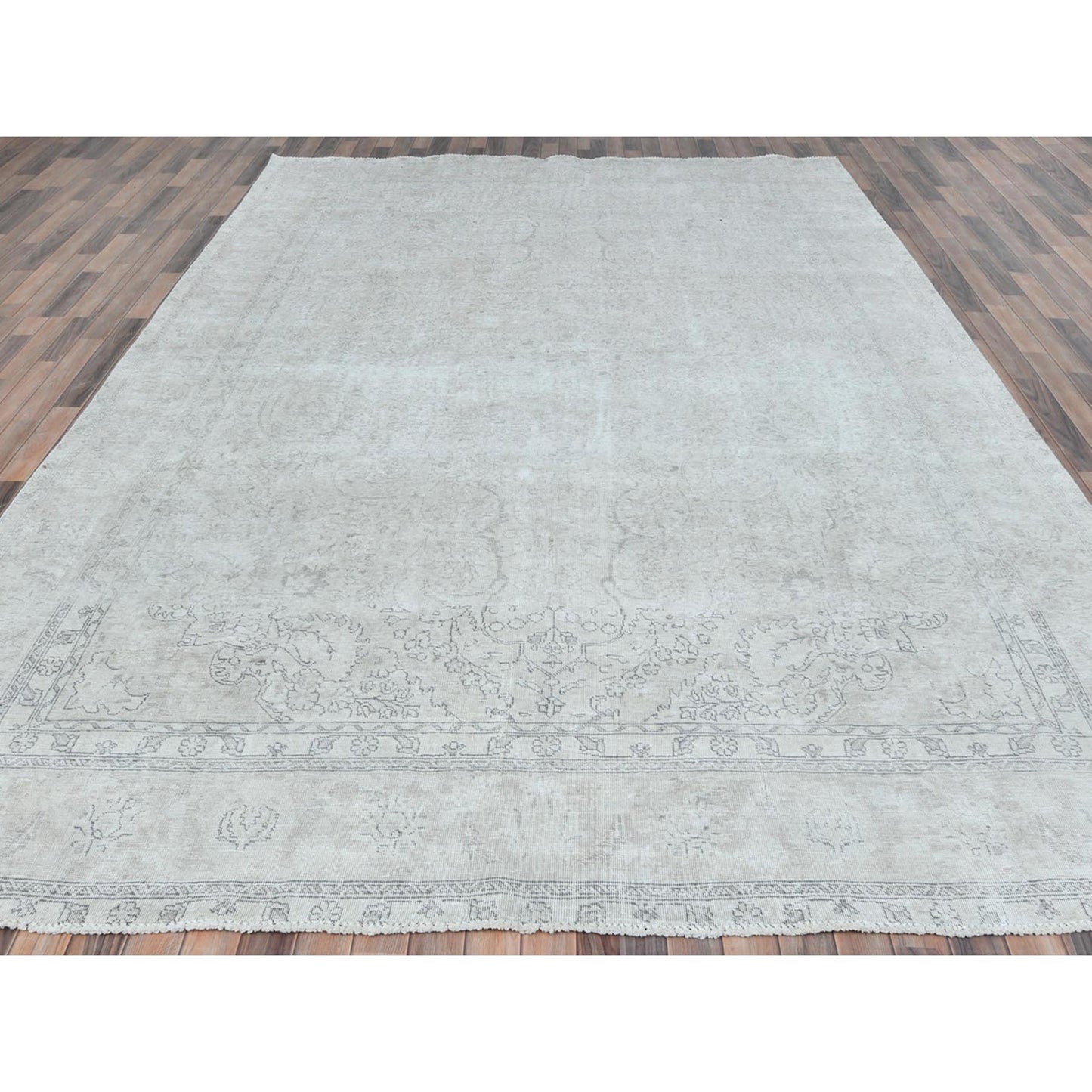9'7"X13'2" Gray Hand Knotted Old Farsian Tebraz Worn Wool Distressed Rug